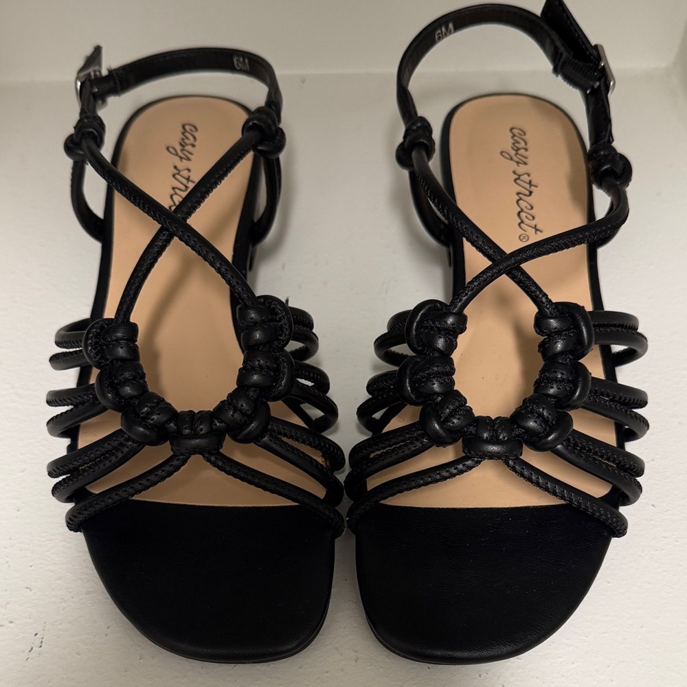 Black Knotted-Strap Open-Toe Block Sandals